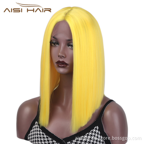 Aisi Hair Medium Long Yellow Wig Cosplay Front Lace Wig Middle Part Straight Silky Synthetic Lace Frontal Hair Wigs For Women